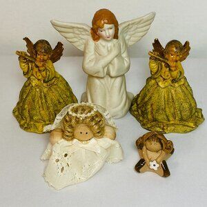 5 VNTG Angel Figures:2 W/Flute Italy5552/Wood w/Lace,Muslin,Pearls/Ceramic/Resin